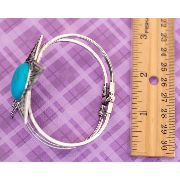 Vintage Geometric Silver Tone Star Blue Circle Hinged Bangle 7 1/2 inch - BX9 - Picture 4 of 4